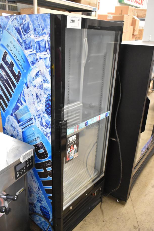 Metal commercial single door reach-in cooler with poly coated racks, Prime branding, 115 volts, 1 phase, good condition.