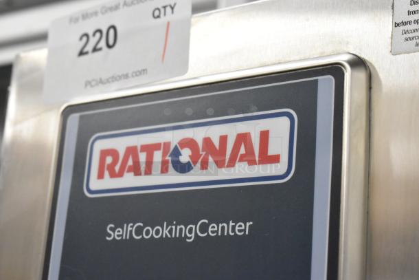 2019 Rational SCC WE 62 Self Cooking Center convection oven, stainless steel, on stand, 480V, 3 phase, with label shown.