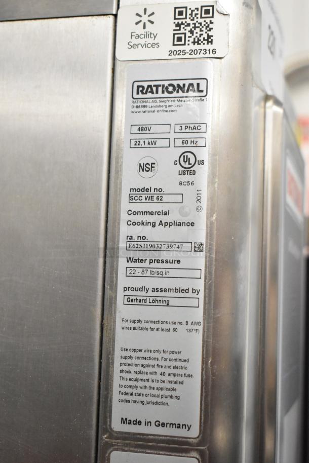 2019 Rational SCC WE 62 stainless steel combi convection oven, 480V, 3 phase, with labels showing model and specs.