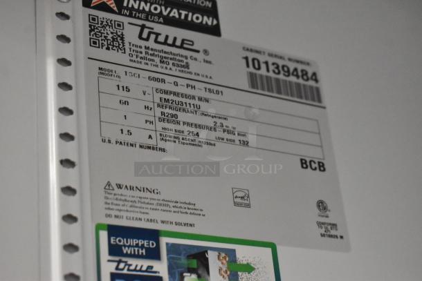2021 True TSCI-600R-G-PH commercial cooler label, 115V, single phase, R290 refrigerant, featuring poly-coated racks.