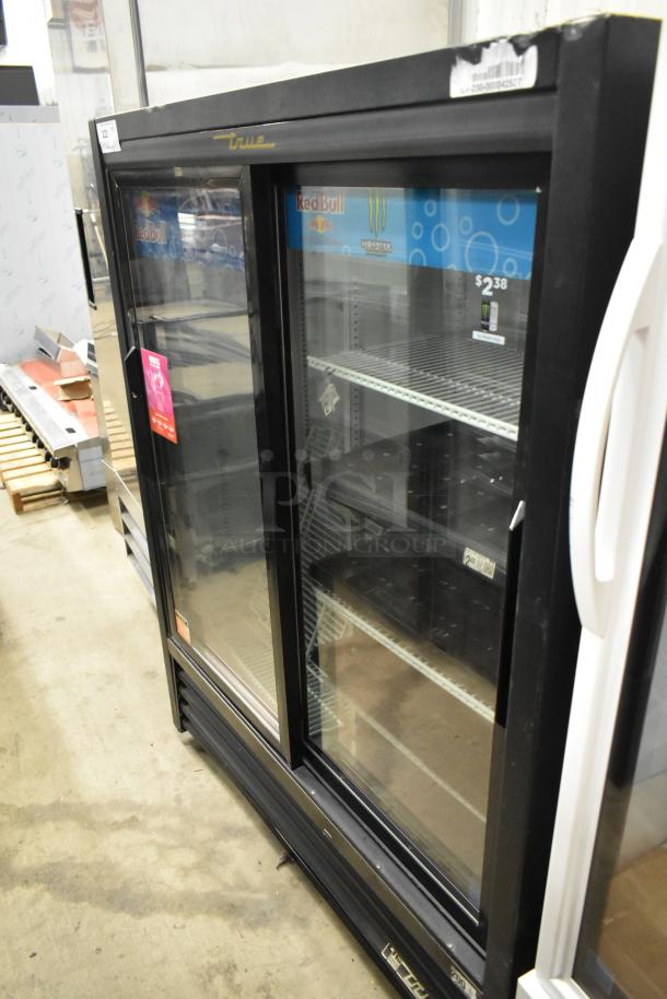 True GDM-41SL-60-LD commercial cooler, two-door, poly-coated racks, 115V, for merchandise display, black finish.