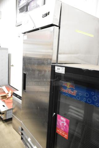 Brand new Avantco 178A23RHC stainless steel single door cooler, commercial casters, 115V, minor scratches visible.