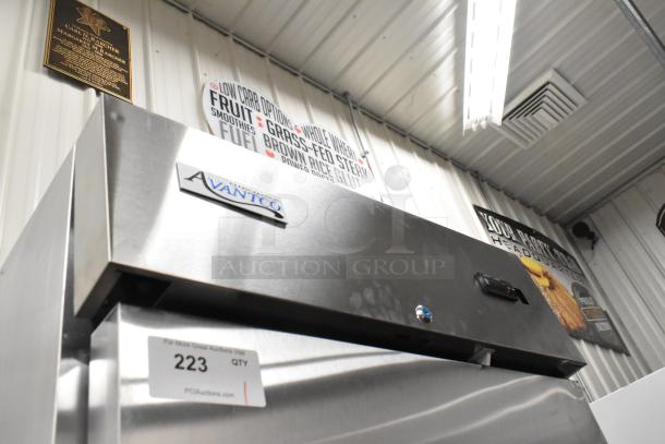 Brand new Avantco 178A23RHC stainless steel single door reach-in cooler, 115V, on commercial casters, minor scratches.