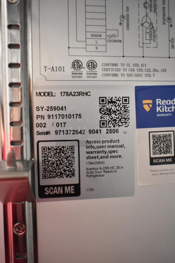 Avantco 178A23RHC stainless steel cooler label showing model, serial number, and QR code for warranty info. 115V, 1 phase.