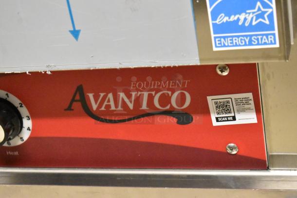 Avantco 177HTESS1836 heated cabinet, stainless steel, Energy Star certified, with dial and QR code for product access.