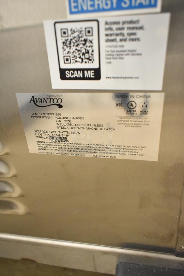 Alt text: Label on Avantco 177HTESS1836 stainless steel heated holding cabinet, showing specs and certifications.