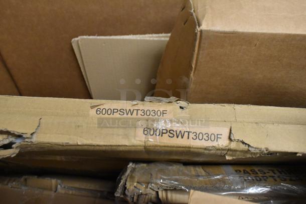 Boxes of Regency items with labels, including 600PSWT3030F Poly Table Top. Some packaging shows wear. Brand new, scratch and dent condition.