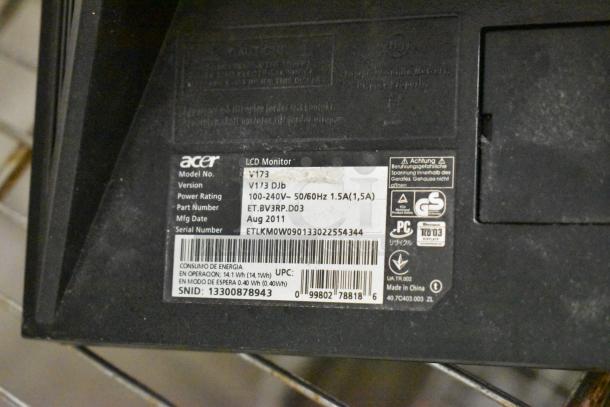 Acer V173 17" LCD Monitor, Model V173, power rating 100-240V, manufactured August 2011, partially visible label.