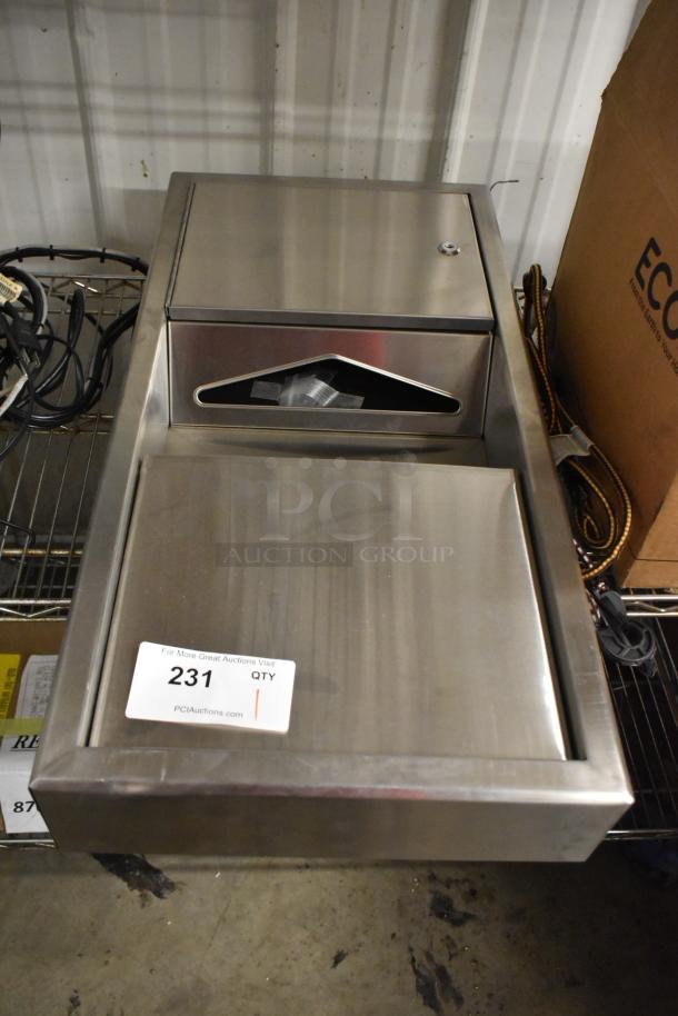 Stainless steel wall mount paper towel dispenser and trash can, showing durable design. Tag reads "231 QTY."