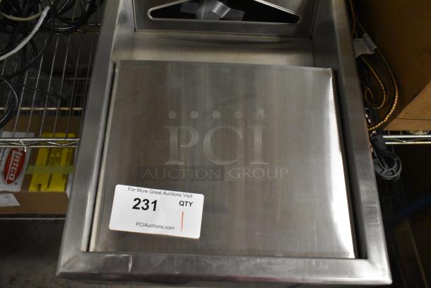 Stainless steel wall mount paper towel dispenser and trash can, shows minor wear. Label indicates "231 QTY," from PCI Auctions.