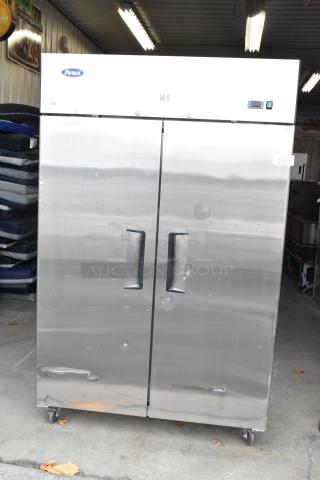 2018 Atosa MBF8005GR stainless steel 2-door reach-in cooler, poly coated racks, commercial casters, 115V, 1 phase.