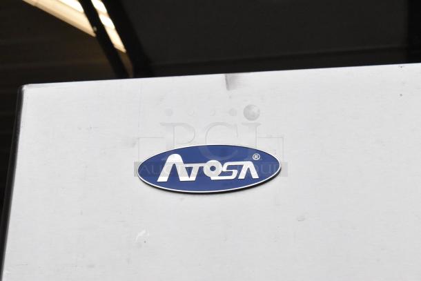 2018 Atosa MBF8005GR stainless steel reach-in cooler with poly-coated racks, commercial casters; model logo shown.