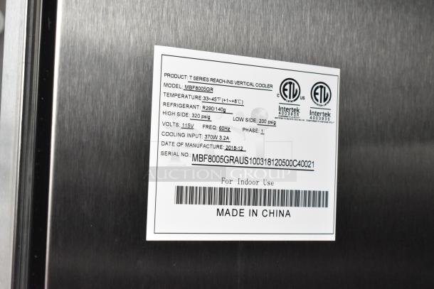 2018 Atosa MBF8005GR Stainless Steel Commercial Cooler label, showing model, voltage, phase, and manufacturing details.