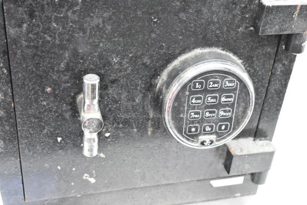 Corporate Safe Specialists black metal safe, single compartment, electronic keypad, missing combination, used condition.
