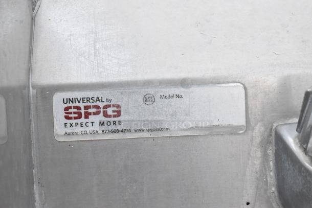 Close-up of a Universal by SPG stainless steel commercial sink. Visible label reads "Expect More," from Aurora, CO, USA.
