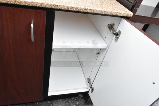 Trash can shell with a trash deposit hole, featuring two doors. Wood and white finish, hinges and handle in good condition.