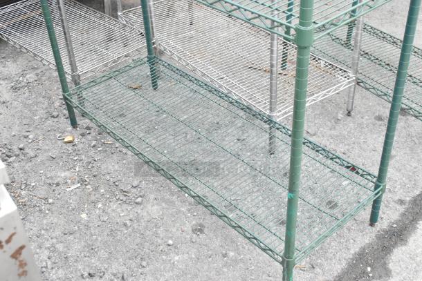 Green finish 4-tier wire shelving unit, used condition. Requires buyer dismantle. Consider freight charges.