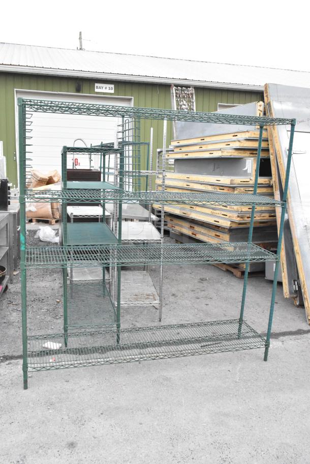 Green finish 4 tier wire shelving unit, sturdy metal construction, used condition. Buyer must dismantle for freight.