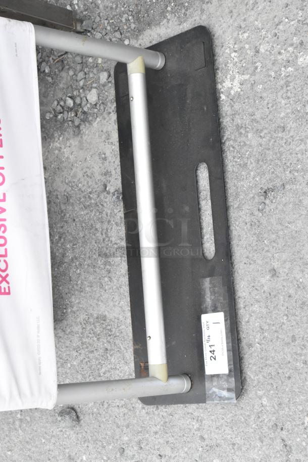 "Exclusive Offers" Dunkin Donuts sign on metal frame, used condition. Auction label reads "241" with quantity "1".