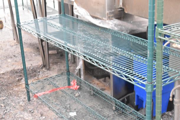 Green finish 4-tier wire shelving unit, metal construction, sturdy design, dismantling required by buyer.