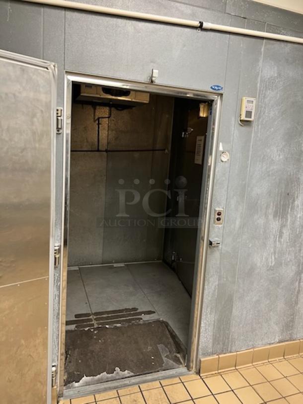 Norlake walk-in combo box, 18'x6'x8', includes cooler and freezer sections, visible evaporator fan, pre-removal condition.