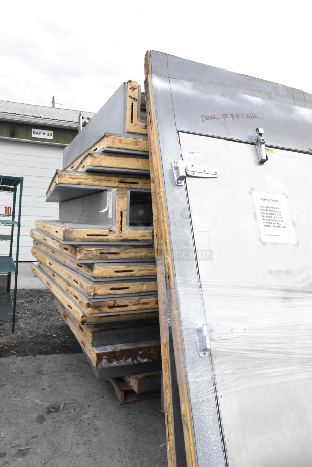 Norlake walk-in cooler/freezer panels; 18'x6'x8' combo box; labeled "DOOR-FREEZER"; shown pre-removal; includes 2 evaporator fans.