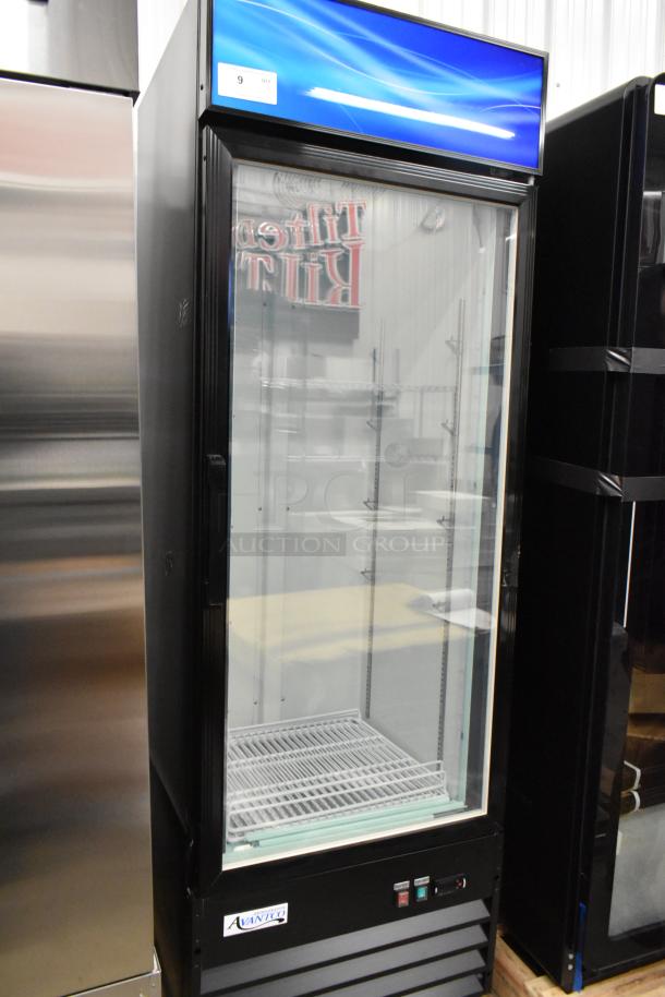 Brand new 2025 Avantco 178GDC12FHCB 27" black glass door freezer, LED lighting, poly coated racks, 115V, 1 phase.