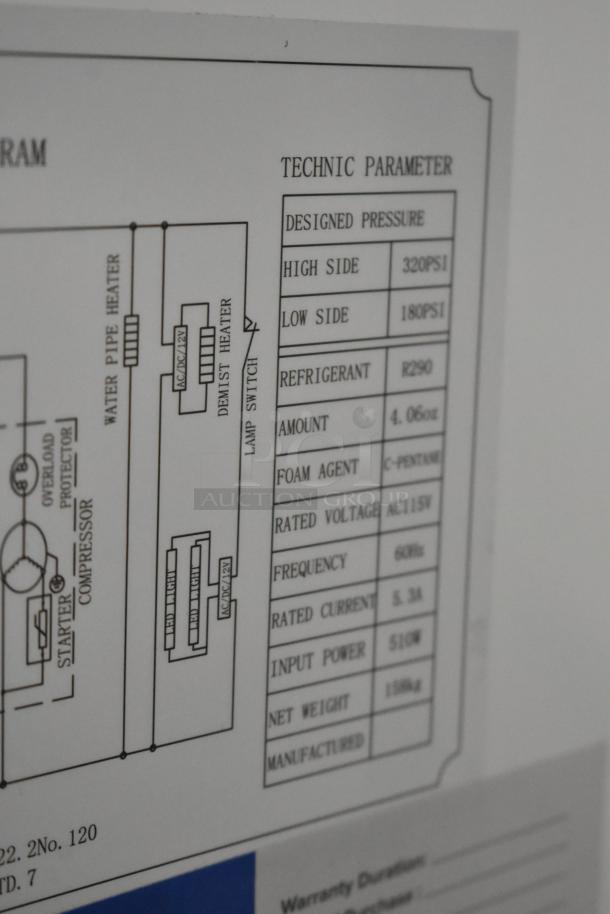 Label for Avantco 178GDC12FHCB freezer showing technical parameters: pressure, refrigerant R290, voltage 115V, power 510W.