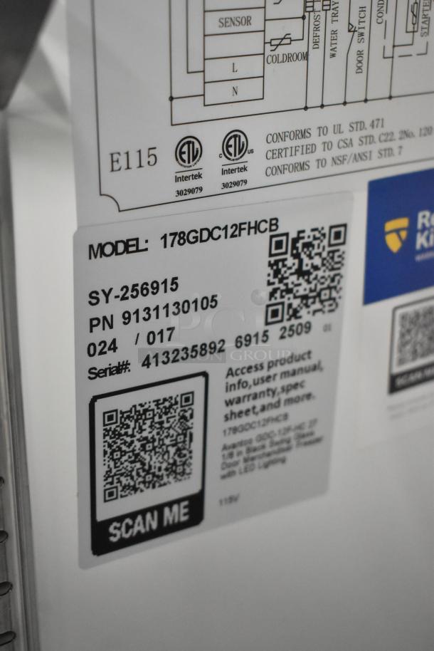 Avantco freezer model 178GDC12FHCB label showing serial number 413235892, ETL certification, and QR code for product info.