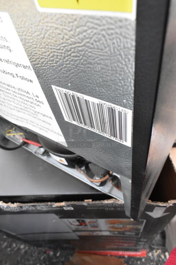 Four appliances including EdgeStar CMF151L Freezer, Galanz GL43S5 Mini Cooler, 115V, 1 Phase, barcode visible, new condition.