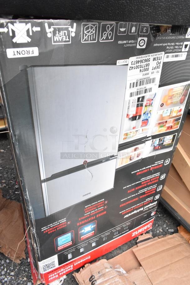 Boxed Galanz GL43S5 Mini Cooler with visible damage, showing features and labels. 115 volts, 1 phase.