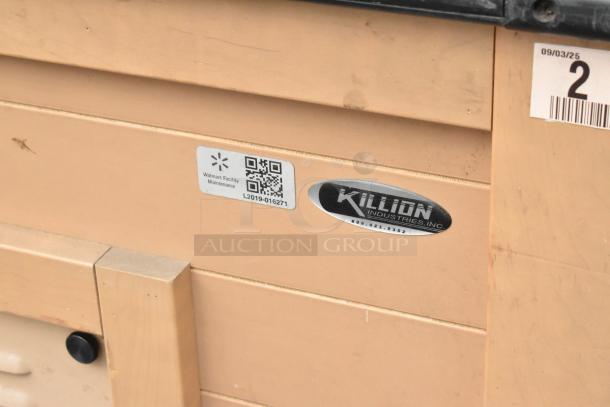 Killion PFW-74-43-48-V-N-MOBILE merchandiser with labels showing maintenance info. Voltage: 208/230, 1 Phase.