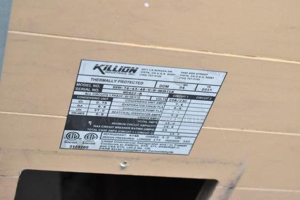 Killion PFW-74-43-48-V-N-MOBILE label, showing specifications: 208/230V, single-phase, made in 2015, 0.75 HP.