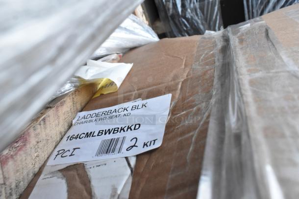 Boxes with tags for 164CMLBWBKKD Lancaster Table & Seating Black Ladder Back Chair, detached wood seat, new condition.