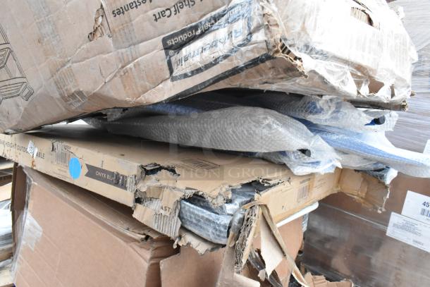 Damaged boxes containing 6 new scratch and dent items, including 164RB30RBLK black table and 164CMLBWBKKD black ladder back chair.