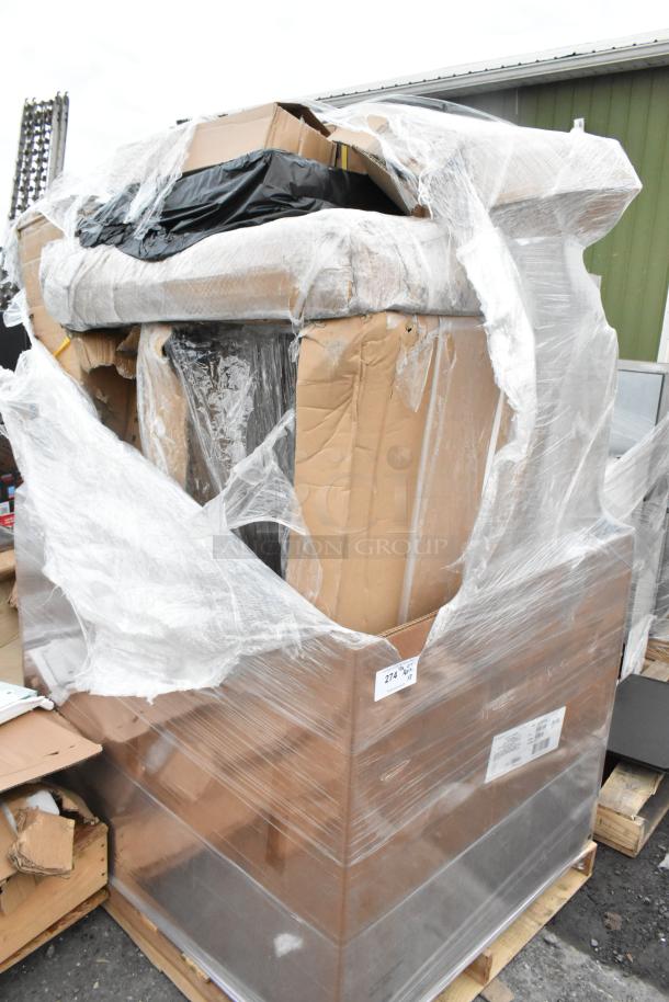 8 brand new items in packaging, including pan racks, water boiler, and table. Some are scratch and dent. Auction lot 274.