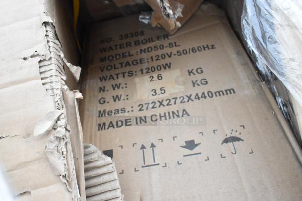 Cardboard box with label "Water Boiler, Model ND50-8L, Voltage 120V-50/60Hz, 1200W, Made in China." Packaging is damaged.