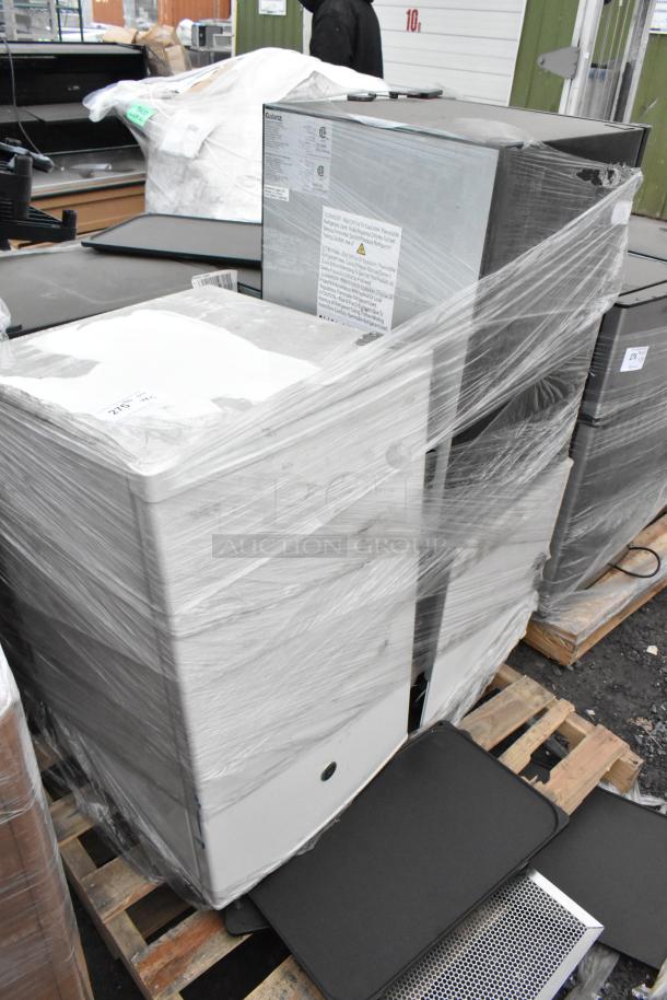 Five mini coolers, including Galanz GLR25MBKE02 and GLR33MBKE23, wrapped on pallets. 120V, 1 phase, sold as a lot.