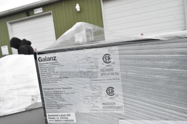 5 Galanz mini coolers, including models GLR25MBKE02 and GLR33MBKE23, 120V, 1 Phase. Wrapped and labeled for auction.