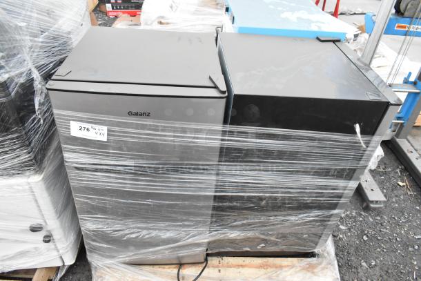 Four mini coolers, including Haier HSP03WNAWW and two Galanz GLR31TS1E02 models, wrapped and on a pallet. 120 volts, 1 phase.