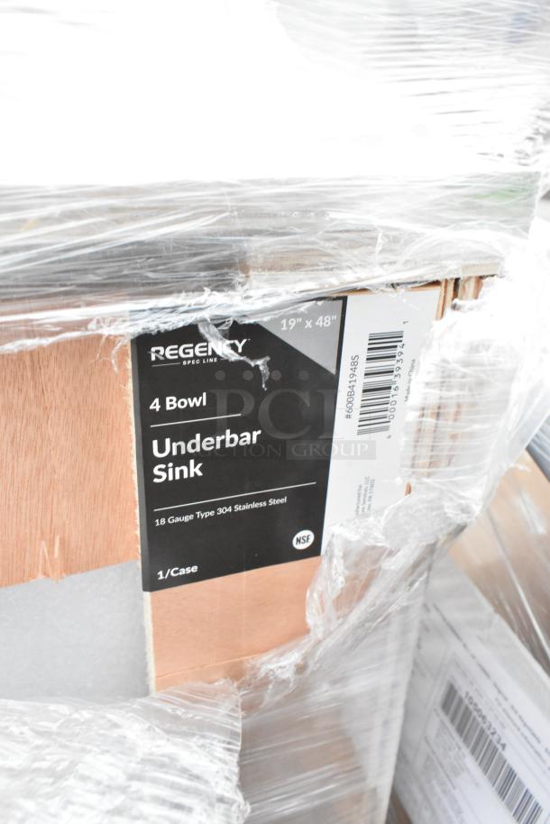 Regency 4 Bowl Underbar Sink, 19"x48", 18 Gauge Type 304 Stainless Steel, new but scratch and dent, in original packaging.
