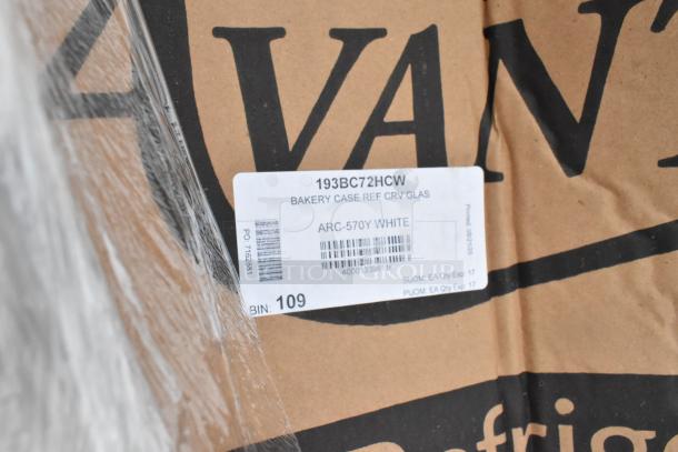 Brand new Avantco BC-72-HC refrigerated bakery display case with curved glass. Scratch and dent condition, white.