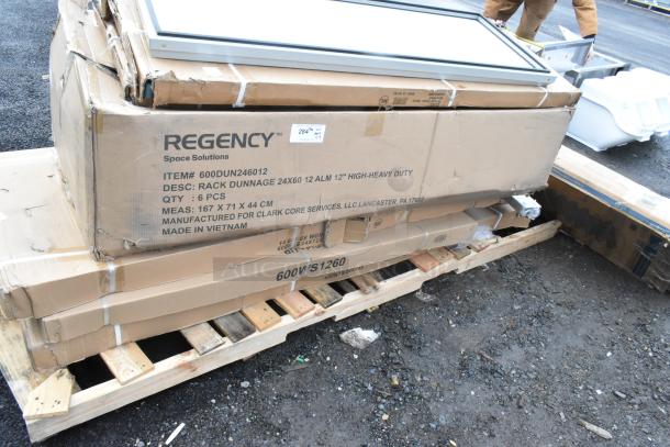 Boxes on a wooden pallet labeled "Regency Space Solutions." Contains 6 high-heavy duty dunnage racks, 24"x60", made in Vietnam.