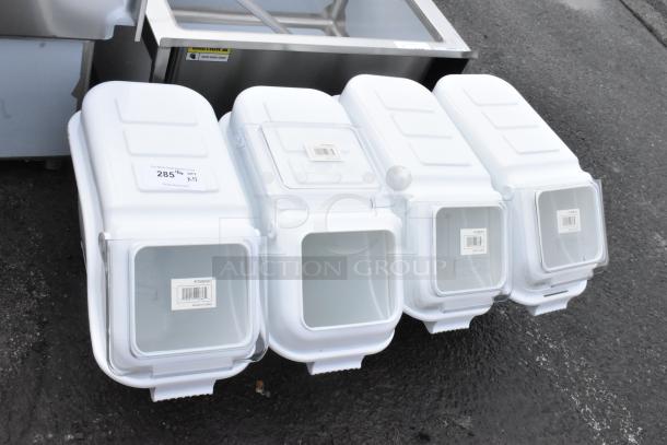 4 new Baker's Lane 176IB100 ingredient bins, 6.3-gallon, flip lid, includes label sheet and scoop, shown in auction.