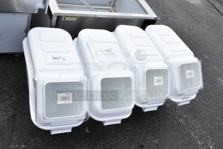 4 new Baker's Lane 176IB100 ingredient bins, 6.3-gallon, flip lid, includes label sheet and scoop, shown in auction.