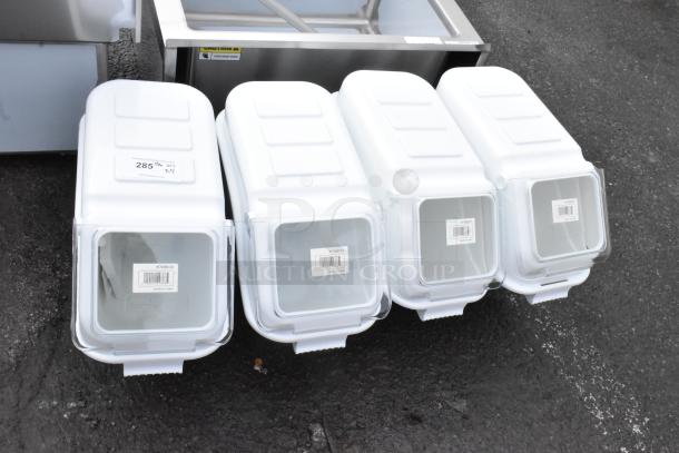 Four brand new Baker's Lane 176IB100 6.3-gallon ingredient bins with flip lids, label sheets, and scoops. Scratch and dent condition.