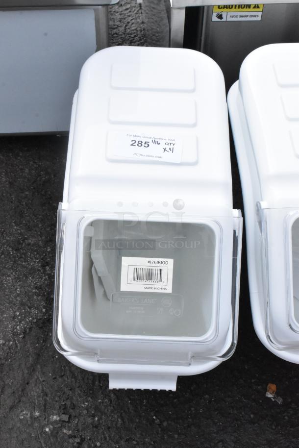 4 new Baker's Lane 176IB100 bins, 6.3 gal capacity, flip lid, label, scoop included. Scratch and dent condition.