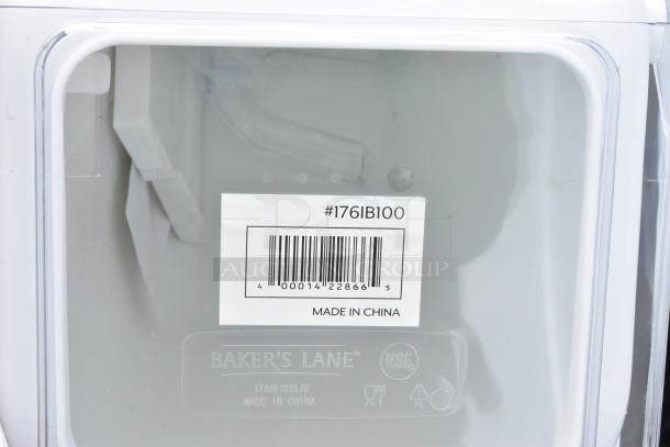 4 new Baker's Lane 176IB100 bins, 6.3 gal capacity, flip lid, label and scoop included. NSF certified. Made in China.