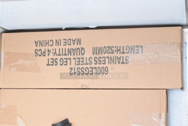Cardboard box labeled "600LEGSS12 Stainless Steel Leg Set." Includes labeling of "Quantity: 4 pcs" and "Made in China."