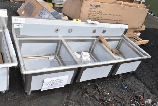Brand new Regency 600S32323 78" three-compartment stainless steel sink, 16-gauge, with legs and cross bracing, no drainboards.
